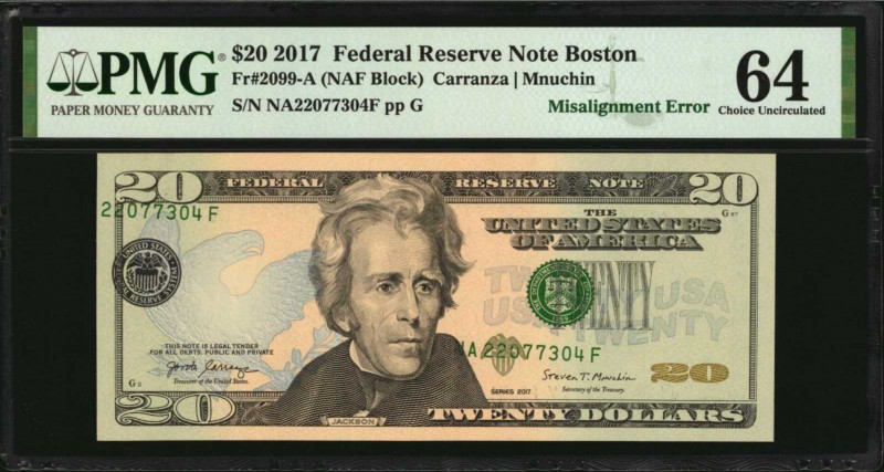 Fr. 2099-A. 2017 $20 Federal Reserve Note. Boston. PMG Choice Uncirculated 64. M...