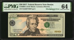 Fr. 2099-A. 2017 $20 Federal Reserve Note. Boston. PMG Choice Uncirculated 64. Misalignment Error.
The third print has been erroneously printed to th...