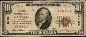Nappanee, Indiana. $10 1929 Ty. 1. Fr. 1801-1. The First NB. Charter #8785. Very Fine.
Track and Price reports an even dozen small size notes are kno...