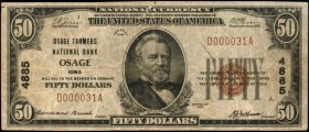 Osage, Iowa. $50 1929 Ty. 1. Fr. 1803-1. Osage Farmers NB. Charter #4885. Very Fine.
A low serial number of "D000031A" is found on this $50 Iowa Nati...