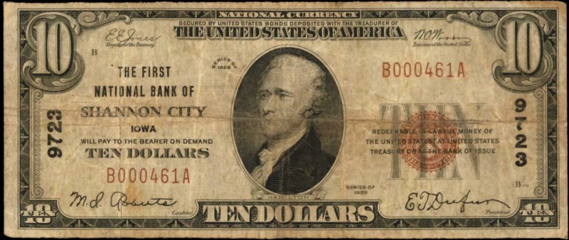 Shannon City, Iowa. $10 1929 Ty. 1. Fr. 1801-1. The First NB. Charter #9723. Ver...