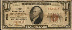 Shannon City, Iowa. $10 1929 Ty. 1. Fr. 1801-1. The First NB. Charter #9723. Very Fine.
This note is a new addition to the current census of just 11 ...