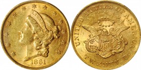 1861 Liberty Head Double Eagle. AU-58 (PCGS).
PCGS# 8932. NGC ID: 269G.
Estimate: 2300