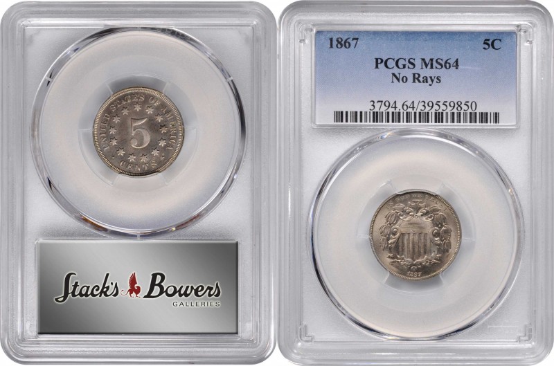 1867 Shield Nickel. No Rays. MS-64 (PCGS).
PCGS# 3794. NGC ID: 22NZ.
Estimate:...