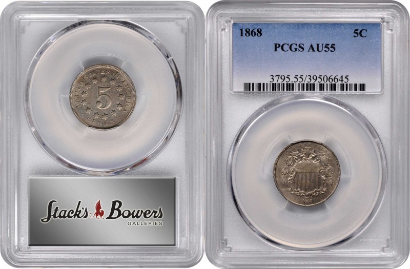 1868 Shield Nickel. AU-55 (PCGS).
PCGS# 3795. NGC ID: 22P2.
Estimate: 100