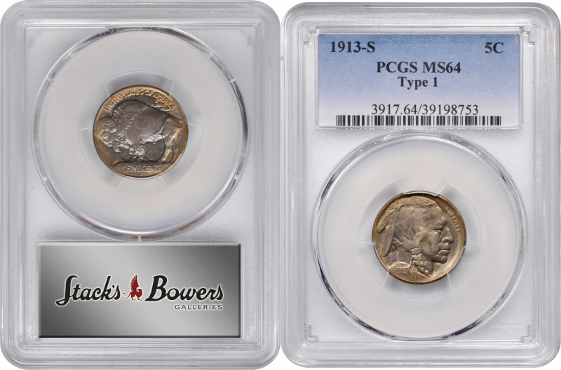 1913-S Buffalo Nickel. Type I. MS-64 (PCGS).
PCGS# 3917. NGC ID: 22PY.
Estimat...