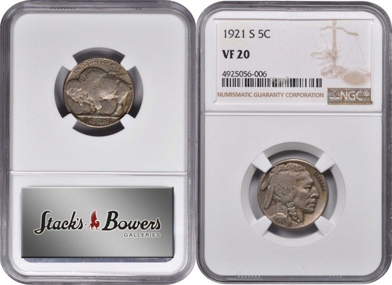 1921-S Buffalo Nickel. VF-20 (NGC).
PCGS# 3948. NGC ID: 22RU.
Estimate: 150