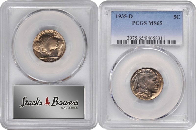 1935-D Buffalo Nickel. MS-65 (PCGS).
PCGS# 3975. NGC ID: 22SP.
Estimate: 175