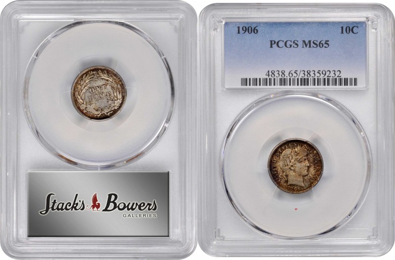 1906 Barber Dime. MS-65 (PCGS).
PCGS# 4838. NGC ID: 23EX.
Estimate: 250