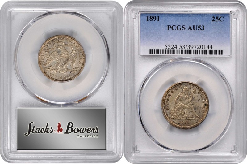 1891 Liberty Seated Quarter. AU-53 (PCGS).
PCGS# 5524. NGC ID: 23VR.
Estimate:...