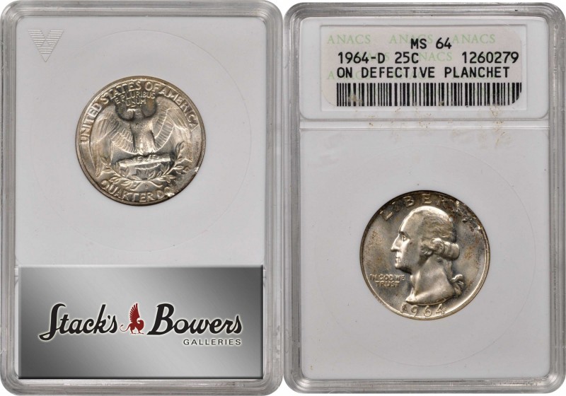 1964-D Washington Quarter--Struck on a Defective Planchet--MS-64 (ANACS). OH.
E...