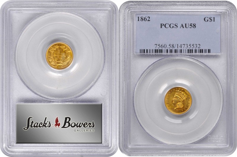 1862 Gold Dollar. AU-58 (PCGS).
PCGS# 7560. NGC ID: 25CW.
Estimate: 290