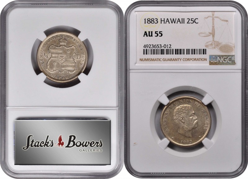 Lot of (2) 1883 Kingdom of Hawaii Silver Coins. (NGC).
Included are: ten cents,...