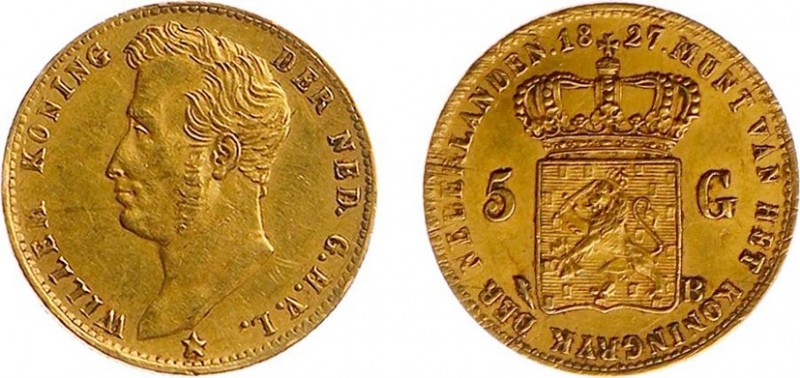 Koninkrijk NL Willem I (1815-1840) - 5 Gulden 1827 B (Sch. 198) - Goud - krasjes...