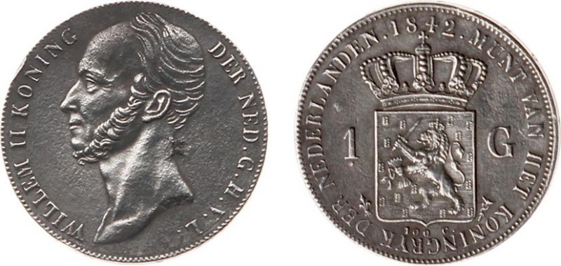 Koninkrijk NL Willem II (1840-1849) - 1 Gulden 1842 (Sch. 519a/RR) ZEER ZELDZAAM...