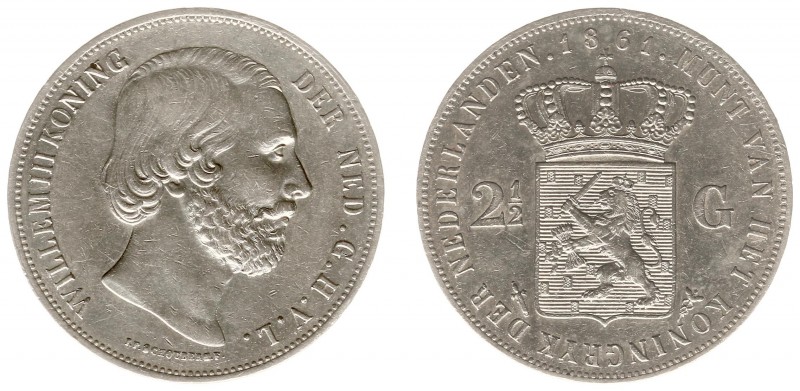 Koninkrijk NL Willem III (1849-1890) - 2½ Gulden 1861 met punt (Sch. 587a) - ZF/...