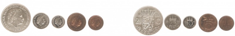 Koninkrijk NL Juliana (1948-1980) - 1 Cent, 5 Cent, 10 Cent, 25 Cent en 2½ Gulde...