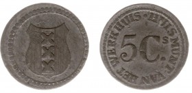 Huismunten - Amsterdam, Werkhuis - 5 cents uitgifte 1824 lokaal fabrikaat (Sch.447, Kooij HG.009.3)- VZ Amsterdams wapenschild / KZ Waarde 5 Cs met om...