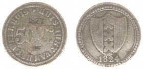 Huismunten - Amsterdam, Werkhuis - 50 cents 1824 met kloppen 1827 en VG door De Heus of lokaal fabrikaat (Sch.444, Kooij HG009.11)- VZ Waarde met omsc...