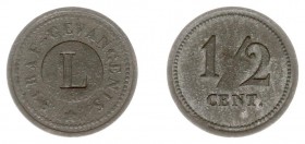 Huismunten - Strafgevangenis Leiden - ½ Cent z.j. geslagen anaf 1834 bij 's-Rijks Munt (Sch. 485d, Kooij HG007.1) - VZ Verheven cirkel met instempelin...