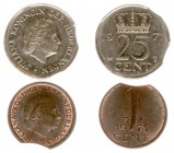 Misstrikes Netherlands and Euro's - 1 Cent 1974 en 25 cent 1971 met MISSLAG 'strookeinde' - PR/UNC