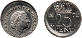 Misstrikes Netherlands and Euro's - 25 Cent 1972 MISSLAG excentrisch geslagen - ca 2½ mm ongestempeld gebleven - UNC