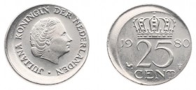 Misstrikes Netherlands and Euro's - 25 Cent 1980 met MISSLAG excentrisch geslagen ca 2 mm ongestempeld - UNC