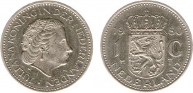 Misstrikes Netherlands and Euro's - 1 Gulden 1980 MISSLAG geslagen op te dik muntplaatje, waarbij het randschrift tijdens het slaan vrijwel geheel is ...