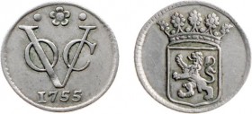 Verenigde Oost-Indische Compagnie (1602-1799) - Holland - ½ Duit 1755 AFSLAG IN ZILVER met kabelrand (Scho. 359) - 1.55 gram - ZF