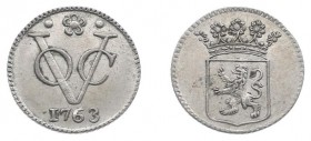 Verenigde Oost-Indische Compagnie (1602-1799) - Holland - ½ Duit 1763 AFSLAG IN ZILVER met kabelrand (Scho. 367) - 1.53 gram - PR / schaars