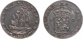 Nederlands-Indië - Bataafse Republiek (1799-1806) - Munten te Enkhuizen geslagen - Scheepjesgulden 1802 met grote mast onder de 'T' (Scho. 488b) - ZF+...