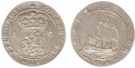 Nederlands-Indië - Bataafse Republiek (1799-1806) - Munten te Enkhuizen geslagen - Scheepjesgulden 1802 met grote mast onder 'AT' (Scho. 488d) - ZF-