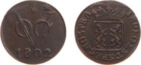 Nederlands-Indië - Bataafse Republiek (1799-1806) - Gelderland - Duit 1802 met kartelrand ONBESCHREVEN (Scho. -, vgl. Scho. 502) - ZF/PR / RRR / net e...