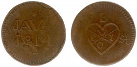 Nederlands-Indië - Brits Bestuur (1811-1816) - Java - 1 Stuiver 1814 Z met groter jaartal, schuine kabelrand met VEIC-wapen (Scho. 602b /R) - F/ZF - z...