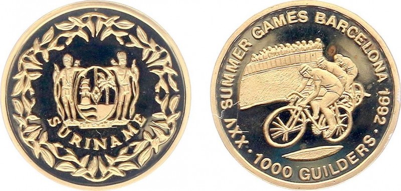 Suriname - 1000 Gulden 1992 - XXV SUMMER GAMES BARCELONA 1992 - Goud 7,87 gram -...