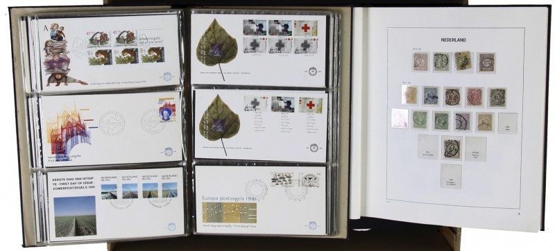 Bananendoos met 2 albums FDC-sets (1982-2001), 2 Juliana- en 1 Beatrixcollectie ...