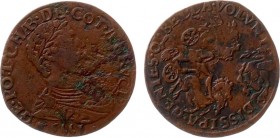 Rekenpenningen / Jetons - 1555 - Rekenpenning 'Verwoesting van Cateau-Cambrésis' (Dugn.1996, vMierisIII.363.1) - VZ Gelauwerd borstbeeld Karel V n.r. ...