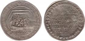 Rekenpenningen / Jetons - 1590 - Rekenpenning Dordrecht 'Nederlandse verovering van Breda' (Dugn.3255, vLoonI.408, Tas.264) - VZ Turfschip met soldate...