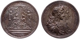 Historiepenningen - 1689 - Penning 'Kroning van Willem III tot Koning van Engeland ' door G. Bower (vLIII.407.6) - VZ Dubbelborstbeeld Willem en Mary ...