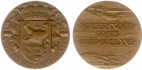 Historiepenningen - 1953 - Penning 'Watersnood 1953 Zuid-Holland' door M. Kutterink (KB.2132) - VZ Gekroond provinciewapen op eikenbladeren / KZ Drie-...