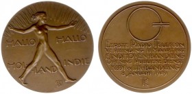 VPK-penningen - 1929 I - Penning 'Eerste radioverbinding Nederland-Indië' door D. Wolbers (KB.294, Til.67) - VZ Hallo Holland Hallo Indië, vrouwenfigu...