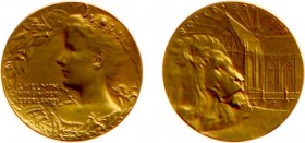 Wienecke-penningen - 1898 - Gouden penning 'Inhuldiging Wilhelmina' door J.C. Wienecke (S&Z.112) - VZ Portret met diadeem n.l. / KZ Kop van Nederlands...