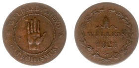 Tokens / Leads - Antwerpen 1823 - 'Broodpenning van de stichting Van Wellens' (Dirks221) - VZ Opgestoken hand / KZ (Mijter) WELLENS 1823 - brons 27 mm...