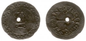 Tokens / Leads - Dordrecht (wrsch.), ca. 1270-1350, token of loodje type Tourse groot (Pelsdonk 284) – VZ Châtel Tournois binnen krans klavertjes / KZ...