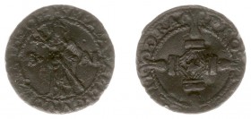 Tokens / Leads - Henegouwen ?, 15e eeuw, token of loodje (Pelsdonk -) – VZ (+duif+) BEATA * ALEGVND (...) VIRGO Staande Sint Allegonda van Maubeuge me...