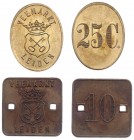 Tokens / Leads - Leiden z.j. - Veemarkt Leiden 10c en 25c (Kooij DO074.3,6) - VZ Gekroond gemeentewapen / KZ Waarde - messing - ZF en PR (2x)