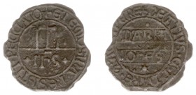 Tokens / Leads - Middelburg - 15e-eeuwse armenpenning zj (Pelsdonk 466 en blz. 56) - VZ +ELEMOSINA RESISTIT PECCATO Lijdensattributen boven IHS / KZ B...