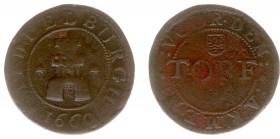 Tokens / Leads - Middelburg 1660 - Armenpenning voor turf (Minard406) - VZ Burcht tussen sterren / KZ Zeeuws wapenschild en 'TORF' - koper 30 mm - FR ...