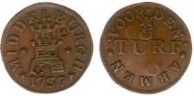 Tokens / Leads - Middelburg 1737 - Armenpenning voor turf (Minard408) - VZ Wapen van Middelburg tussen sterren / KZ Zeeuws wapenschild TURF - koper 31...