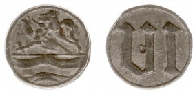 Tokens / Leads - Middelburg zj - Raadspenning voor schepenen van 6 stuivers (Pelsdonk118, DeMan p.54-7) - VZ Zwemmende leeuw / KZ Gotisch cijfer VI - ...